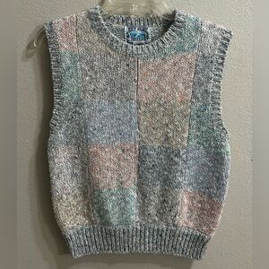 Vintage Sweater Vest Size L Pastel Patchwork Knit Wool Blend Country Cottagecore